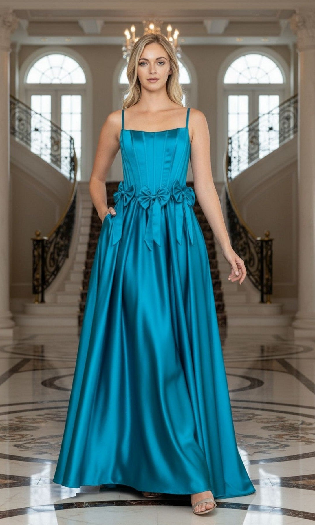 A woman stands in a grand foyer with a marble floor and curved staircase, wearing the Poly USA 25116 long prom dress—a teal satin A-line gown featuring thin straps, bow accents, a structured bodice, and handy pockets.